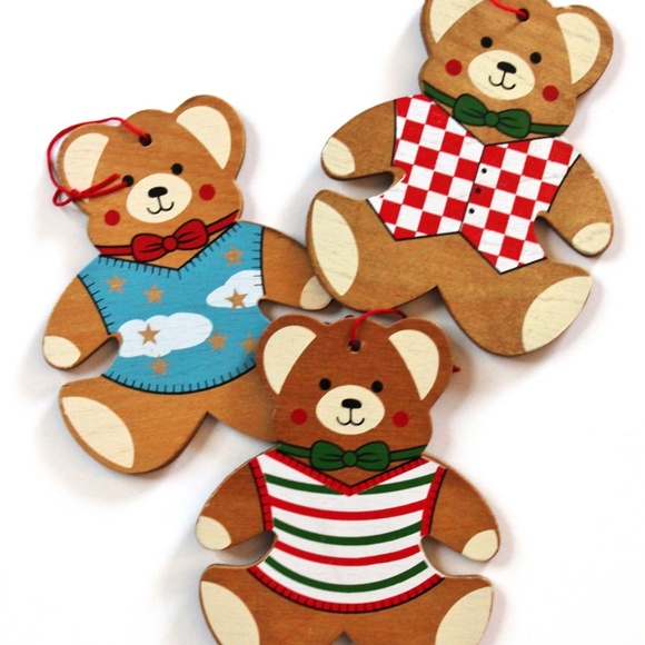 XMAS Ornaments Vintage Wood Teddy Bears Set of 3 MCM Made in Taiwan Cottagecore - Picture 7 of 8